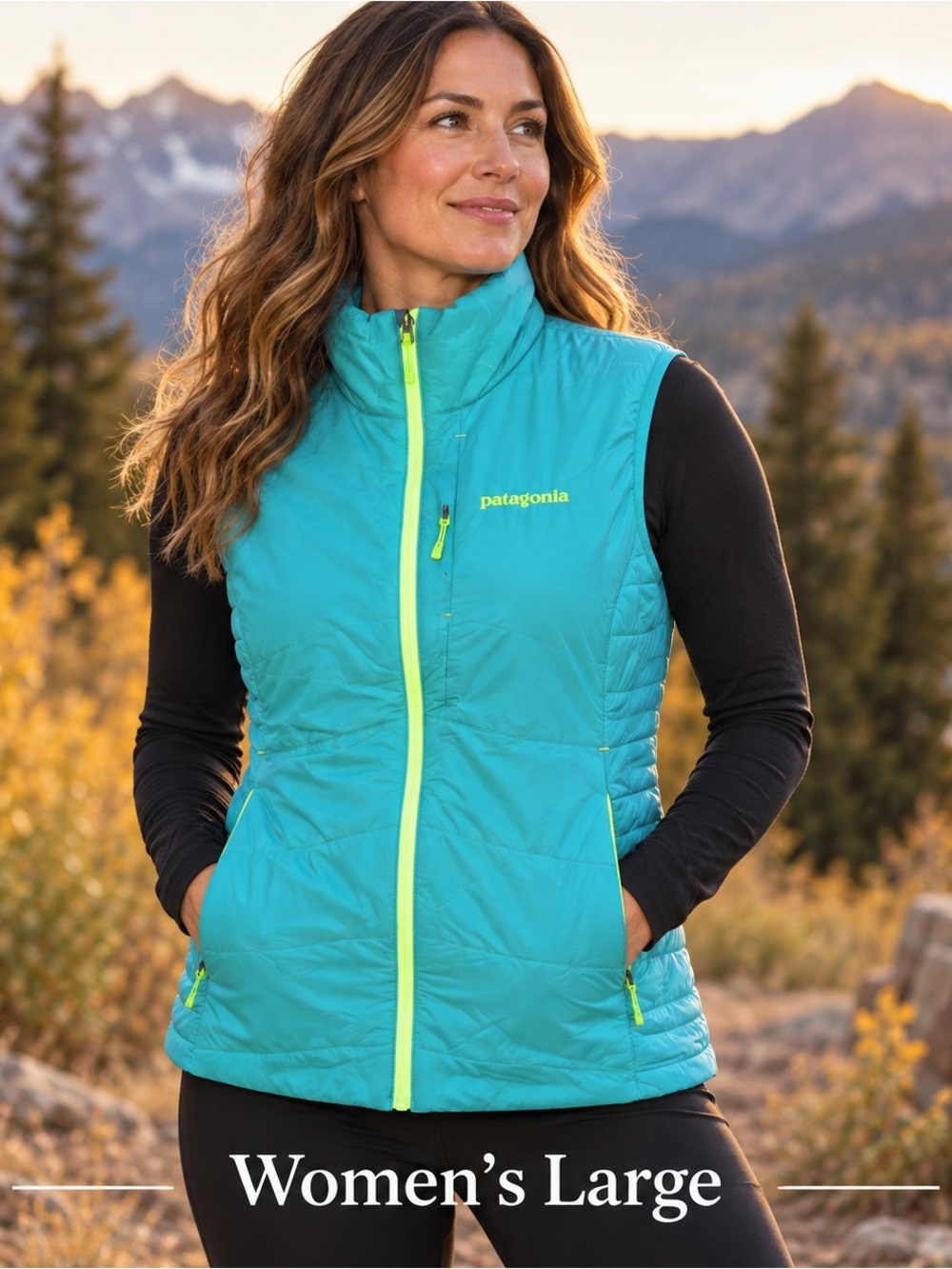 Patagonia nano Women’s large Teal Insulated Vest with Lime Trim